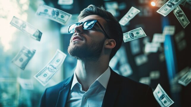Man with sunglasses immersed in money showering him