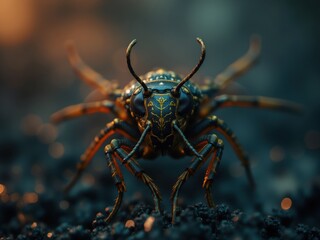 Majestic metallic insect standing on dark ground with golden details