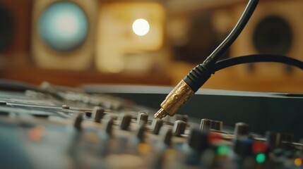 Close-up of a Gold Audio Jack Plugged into a Soundboard