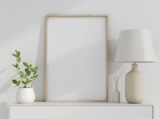 Blank poster frame mockup in a minimalist living room interior with a lamp. plant. and vase