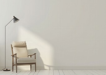 A beige armchair with a floor lamp in front of a white wall with sunlight