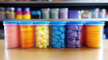 Colorful modeling clay containers in a row with vibrant hues and soft texture, perfect for art projects, creative workshops, children's activities, DIY crafts, bright background with blurred shelves,