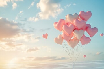 Obraz premium Pink and white heart shaped balloons floating in the sunset sky