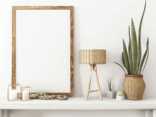 A blank frame mockup on a white shelf with a wicker lamp. a potted plant. and decorative objects