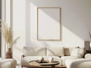 Minimalist living room interior with a beige sofa. wooden coffee table. and a large empty frame hanging on the wall