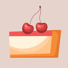 Slice of cheesecake with cream and cherries. Red berry on the top of pie. Dessert in flat style vector illustration.
