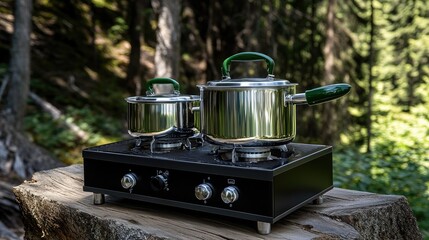 An aluminum kettle with a green handle sits on a black portable gas stove outdoors surrounded by trees, ready for cooking