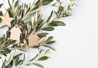Olive branch with wooden star and house ornaments on white background