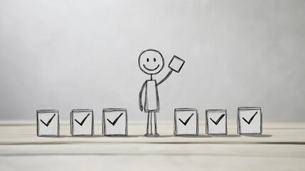 Fototapeta premium Stick Figure Ticking Off Seven Boxes on a Checklist