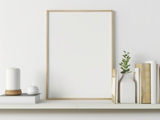 A blank poster frame mockup on a white shelf with white candle. books. and a vase with a plant