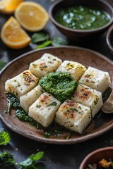 A delicious and healthy cheese platter with grilled vegetables, served with a side of lemon wedges.