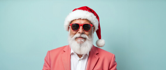 A joyful elderly man with a white beard wears a Santa hat and stylish sunglasses. He poses confidently against a vibrant blue background, embodying holiday spirit and playful fashion sense.

