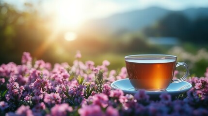 Glass cup of hot tea on saucer surrounded by blooming pink flowers in sunny garden morning, perfect for nature relaxation, healthy lifestyle, beverage advertising, calming background, wellness concep