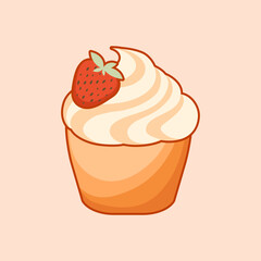 Yummy flat-style strawberry cupcake illustration with beige tones and a fresh berry on top. Perfect for food designs and recipes.

