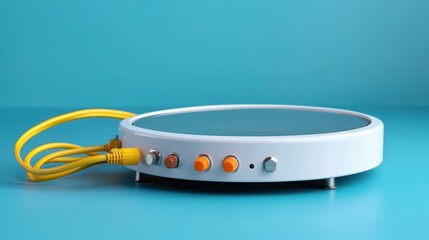 Modern white induction cooktop with yellow power cord and control knobs, kitchen appliance for cooking, blue background, minimal design, technology, contemporary interior, home decor inspiration