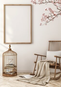 A cozy corner with a rocking chair. a birdcage. and a large blank frame perfect for displaying your artwork or photo