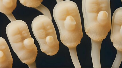 A high-magnification view of soft, tubular structures resembling organic growths or biological appendages. Each structure features a smooth, rounded tip and a slightly textured surface, set against a 