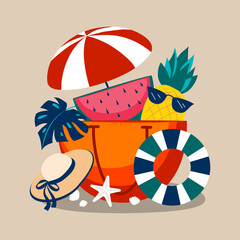 Summer beach bag with a watermelon, pineapple, beach hat, lifebuoy, seashells and starfish on a sandy beige background, evoking a carefree vacation vibe. Tropical holidays vector illustration.

