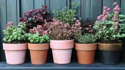 Flowering potted plants with pink and green foliage arranged in terracotta and black pots on wooden floor, perfect for home decor, gardening, spring, nature, and outdoor settings with natural light
