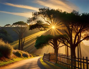 Monterey Peninsula private road with starburst streaming through distinctive cypress trees and wooden picket fence. 