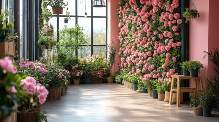 Sunlit indoor garden room with lush pink blooming flowers, wooden stool, large windows, bright natural light, modern floral interior, perfect for spring decoration, cozy peaceful atmosphere, vibrant