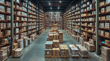 Large industrial warehouse with organized shelves filled with boxes and pallets. Logistics, storage, and inventory management concept. Design for banners, posters, and industrial presentations