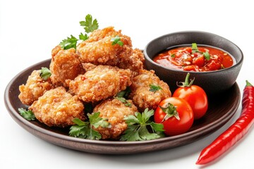 Fototapeta premium Fried shrimp with mixed vegetables, served over rice and garnished with fresh herbs and chili sauce.