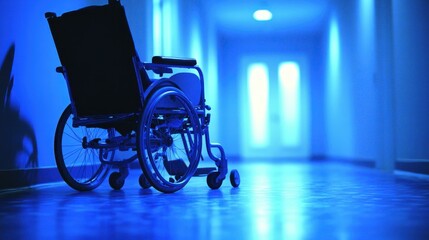 Empty black wheelchair left in hospital corridor, healthcare medical support concept, accessible mobility aid, clinical environment, blue lighting, disability assistance, rehabilitation background, c