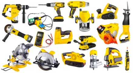 big set collection of most electric hand power tools in yellow isolated on white background. cordless saw router screwdriver jigsaw many more home diy construction equipment