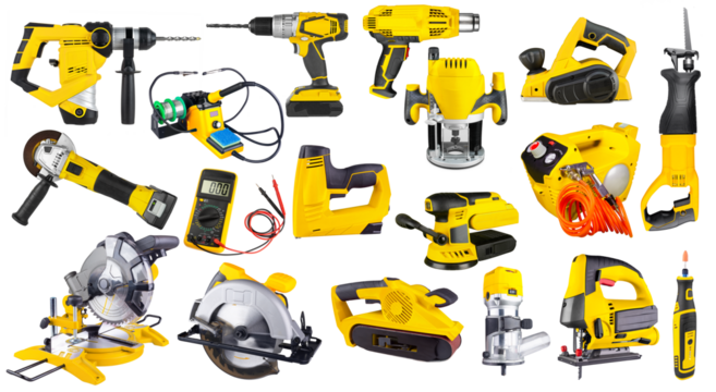 big set collection of most electric hand power tools in yellow isolated on white background. cordless saw router screwdriver jigsaw many more home diy construction equipment - Powered by Adobe