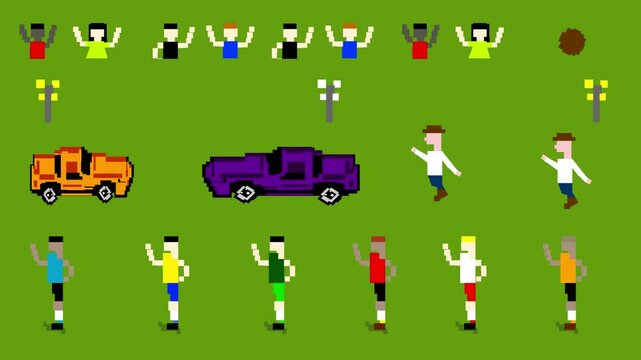 Pixel art style animated video of several male athletes running, cars and fans on a green background, old game