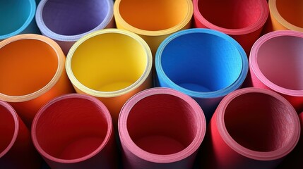 Bright colorful paint cans arranged in neat rows, vibrant art supplies for creative projects, perfect for painting, decoration, DIY crafts, with a cheerful and vivid palette in a close-up shot