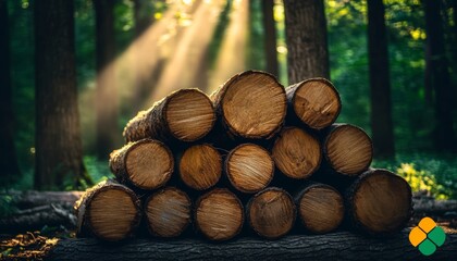 Golden Sunlight Illuminates Stacked Firewood Logs in Lush Forest, Tranquil Nature Scene