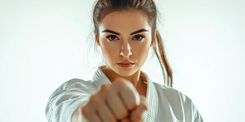 Young female martial artist demonstrating confidence and skill in the art of combat.