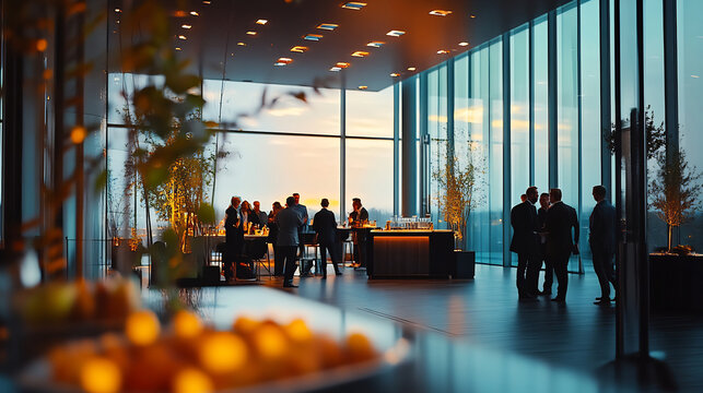 Business professionals networking at an evening corporate event in a modern glass-walled venue with refreshments. Networking and social gathering concept. Design for banners, posters, and event