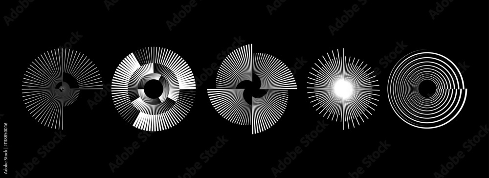 Poster White radial spiral patterns set. Circular spinning speed line forms collection. Rotating circle sound waves concept. Abstract sunburst ray or beam elements for icon, badge, logo, tag, label. Vector