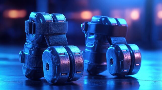 Close-up of black adjustable dumbbells with chrome weights on reflective surface, fitness equipment for home gym, strength training, workout, healthy lifestyle, blue and purple neon background lighti