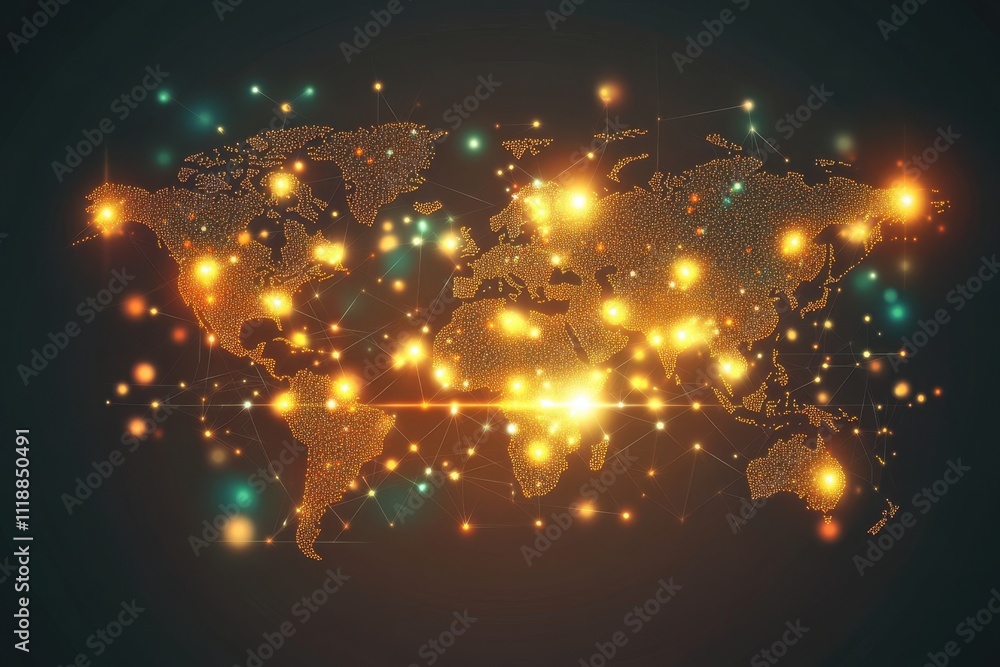 Poster futuristic digital world map with glowing nodes and data elements, representing global connectivity,