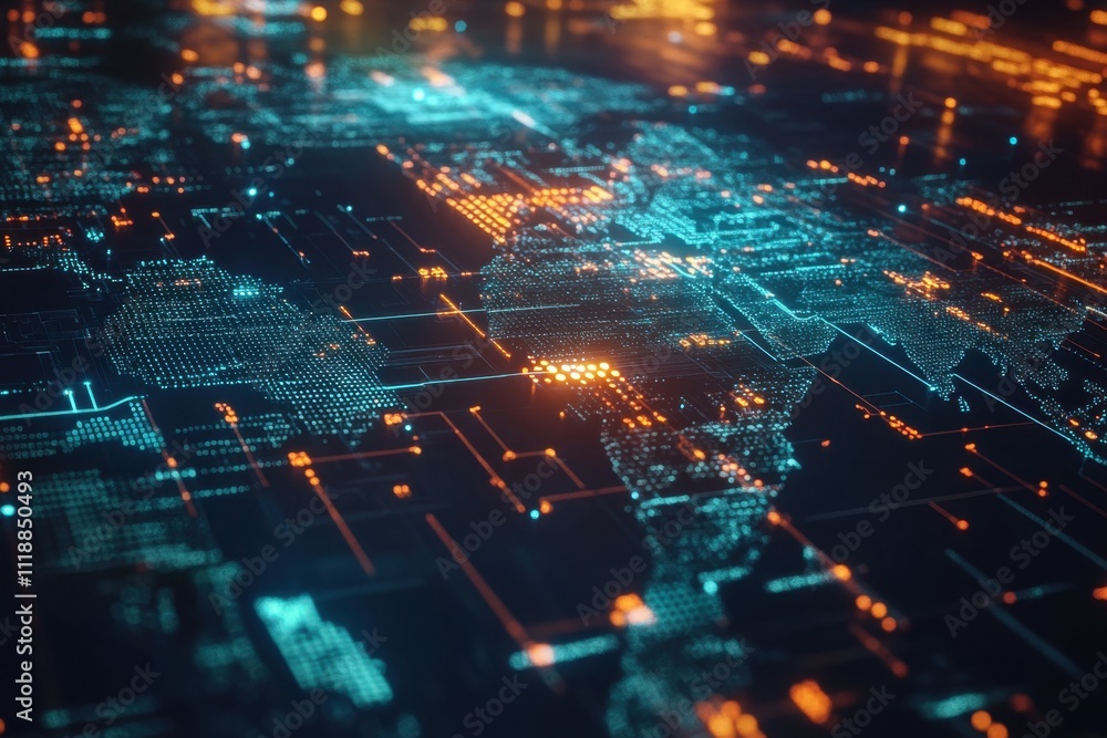 Poster futuristic digital world map with glowing nodes and data elements, representing global connectivity,