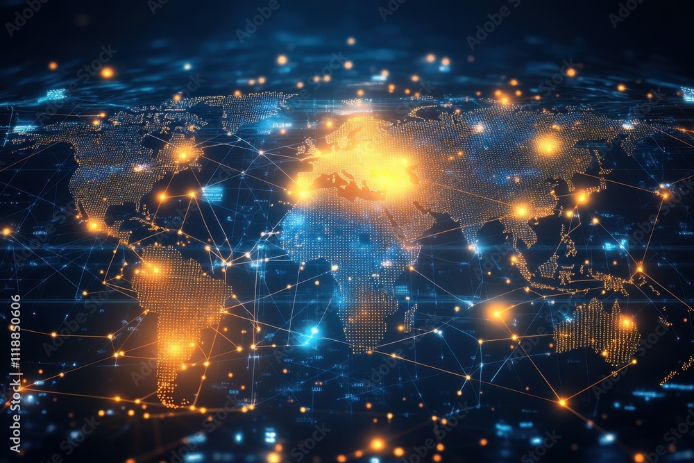 Poster futuristic digital world map with glowing nodes and data elements, representing global connectivity,