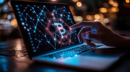 Person interacts with laptop screen displaying bitcoin cryptocurrency symbol overlaid with network connections.