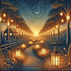 Fototapeta premium Magical Lantern Lit Path to Cozy Cottage Night Scene