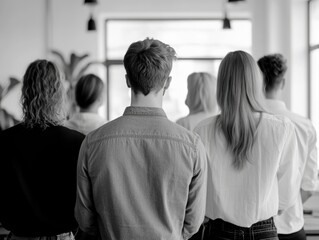 Obraz premium A group of professionals in an office setting, engaged in a meeting or workshop. They appear to be listening intently to a presenter.
