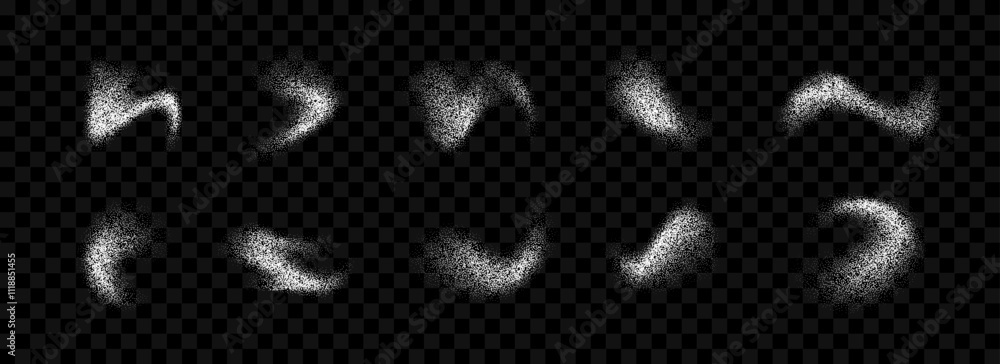 Poster white powder splashes collection. grunge grain spray texture set. dotted curved smudged brush stains