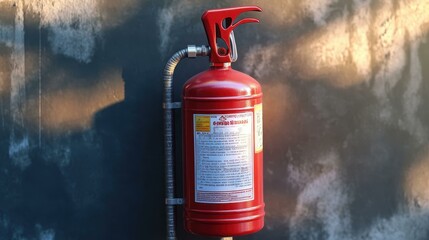 Red fire extinguisher mounted on wall, safety equipment for emergency, fire prevention tool, industrial building background with shadows, workplace protection concept, alert and readiness