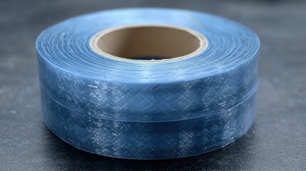 Close up of blue adhesive tape roll on dark surface for packaging, crafting, office use, industrial applications, sticky transparent tape background, modern tools, stationary supplies, isolated produ