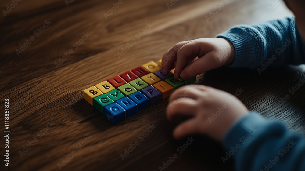 Poster an educational setup with colorful letter blocks laid out in a grid pattern on a wooden table, with 