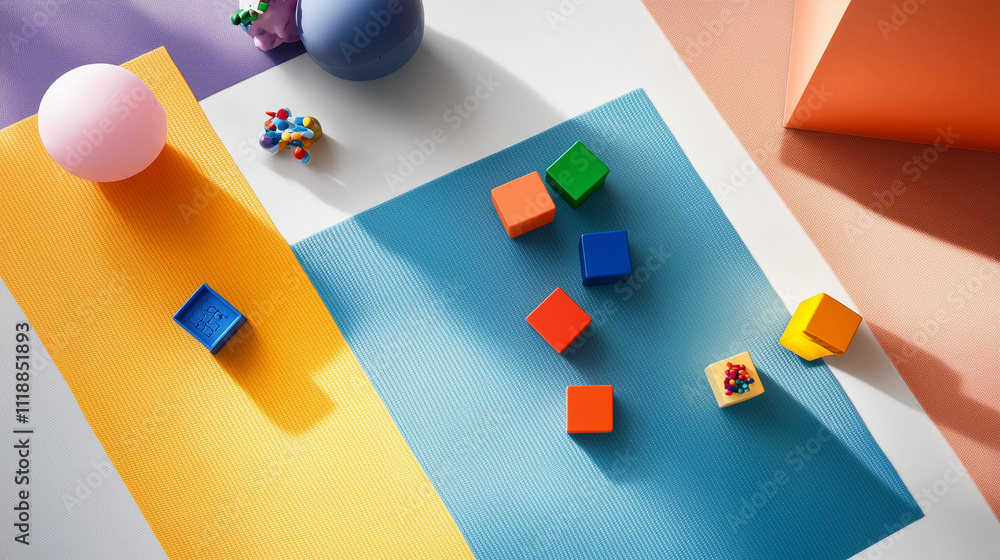 Aufkleber a top-down view of brightly colored alphabet blocks on a soft mat, paired with puzzles and small toy