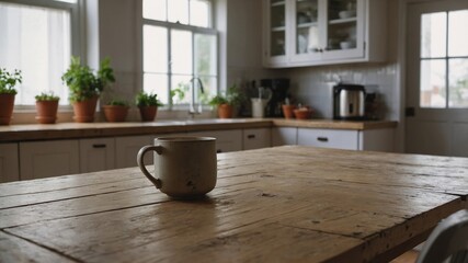 Bleached wooden table in blurred kitchen setting