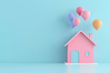 Colorful balloons floating above a cute pink house model against a light blue background, symbolizing joy and celebration, perfect for home and family themes.